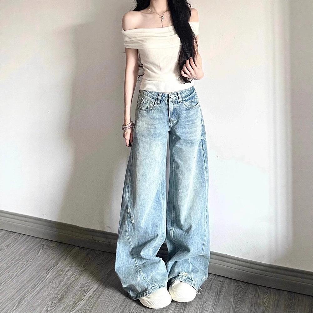 Korean High Waist Ripped Wide-Leg Jeans - Women's Fashion, Washed, Loose, Slimming, Versatile Floor-Length Pants