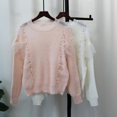 Heavy Industry Bead Splicing Mesh Knitted Sweater Top Autumn New Thin Hollow Sweet Sweater Pullover Woman