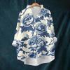 Women's Loose Ruffled Retro Floral Print Stand Collar Long Sleeve Cotton And Linen Top