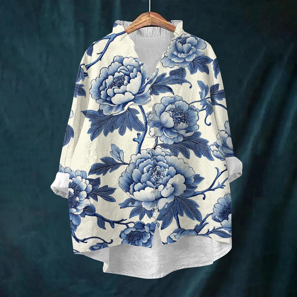 Women's Loose Ruffled Retro Floral Print Stand Collar Long Sleeve Cotton And Linen Top