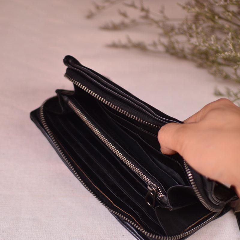 Retro Pleated Genuine Leather Long Wallet with Card Slots and Bill Compartments