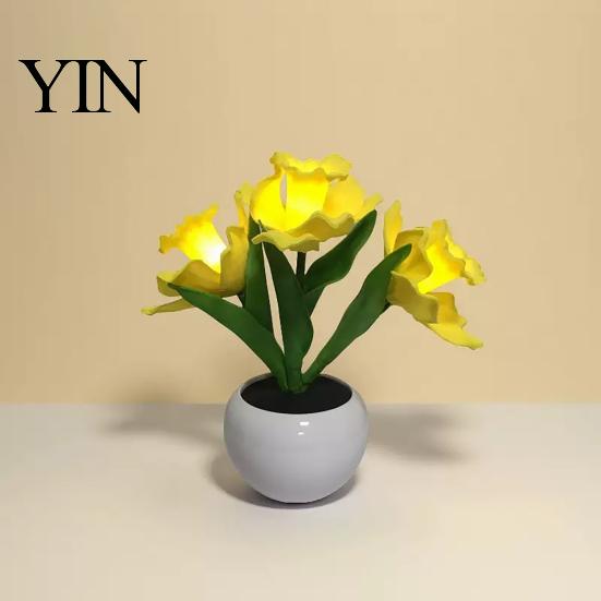 Decorative LED Tulip Lamp Flower Table Lamp, Battery Powered Artificial Night Light with Ceramic Pot, Floral for Bedroom Bedside Home Wedding