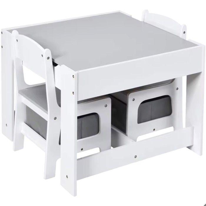 Table Enfant GINGER HOME 2-en-1 avec 2 Chaises, Tableau Noir et Rangement – Bois Blanc/Gris, Sécurisée et Ergonomique