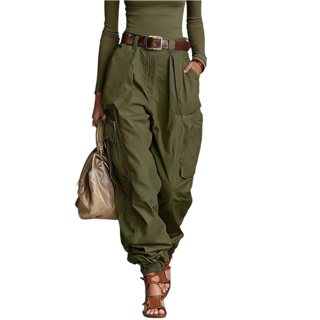 Pantaloni Cargo a Vita Alta da Donna Vestibilità Larga Pantaloni Casual con Tasche Fondo con Coulisse Stile Rilassato