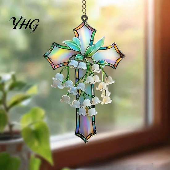 Window Hanging Sun Catcher Lily of The Valley Suncatcher, Acrylic Stained Glass Style Indoor Ornament with Metal Chain, Elegant Floral Wall Decoration