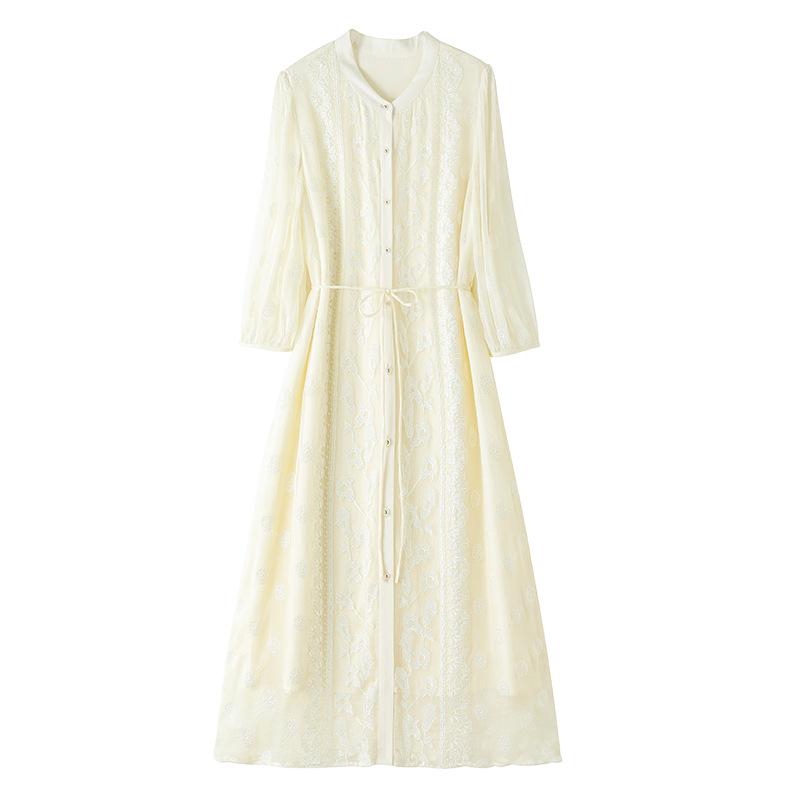 Women's Summer 2025 Slim Waist Embroidered Mulberry Silk Dress - Mid-Sleeve, Plus Size