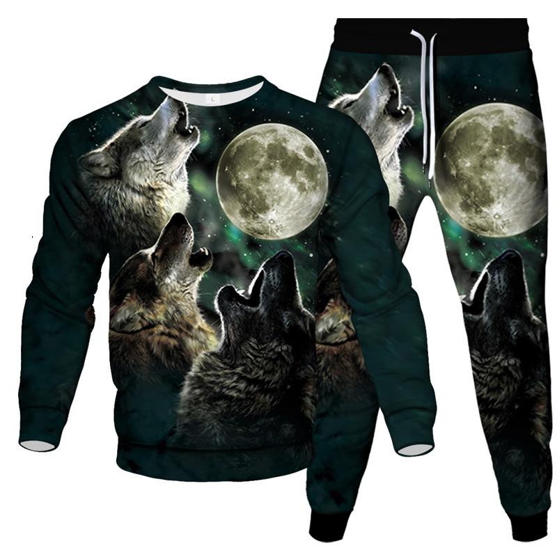 Spring Autumn Dazzle Wolf 3D Print Sportswear Set Casual T Shirt Pants 2-Piece Set Oversize Pullover Hip Hop Unisex Clothing