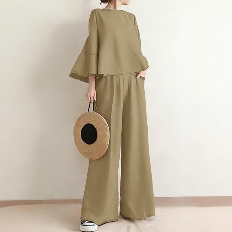 ZANZEA Set de costume casual din două piese pentru femei, cu bluză cu mânecă 3/4 și pantaloni cu picior larg