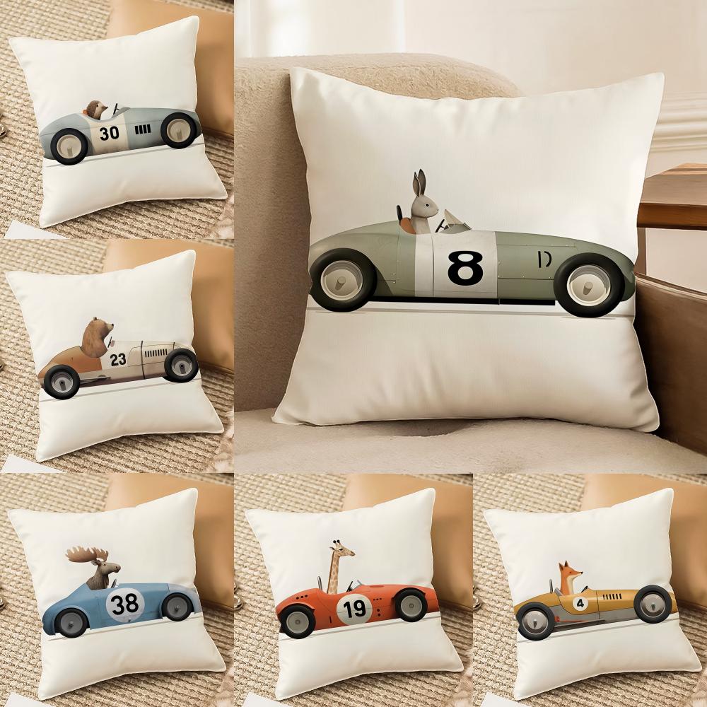 Funny Cartoon Animals Car Art Cushion Cover Silky elegant Comfort Sofa Bed Invisible zipper Beach pillowcase