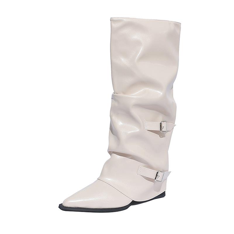 2025 Autumn and Winter New Pointed Thick Heel Niche Thin Boots But Knee Fashion Boots Soft Belt Buckle Trouser Tube Boots
