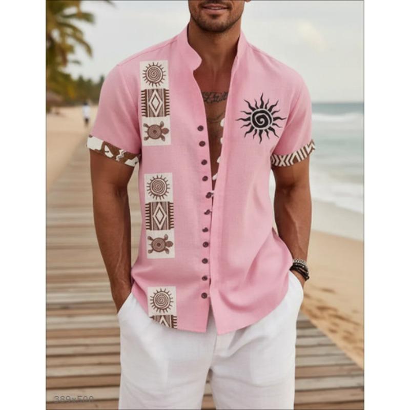 Men Ethnic Front Print Stand Collar Short Sleeve Loose Casual Linen Shirt