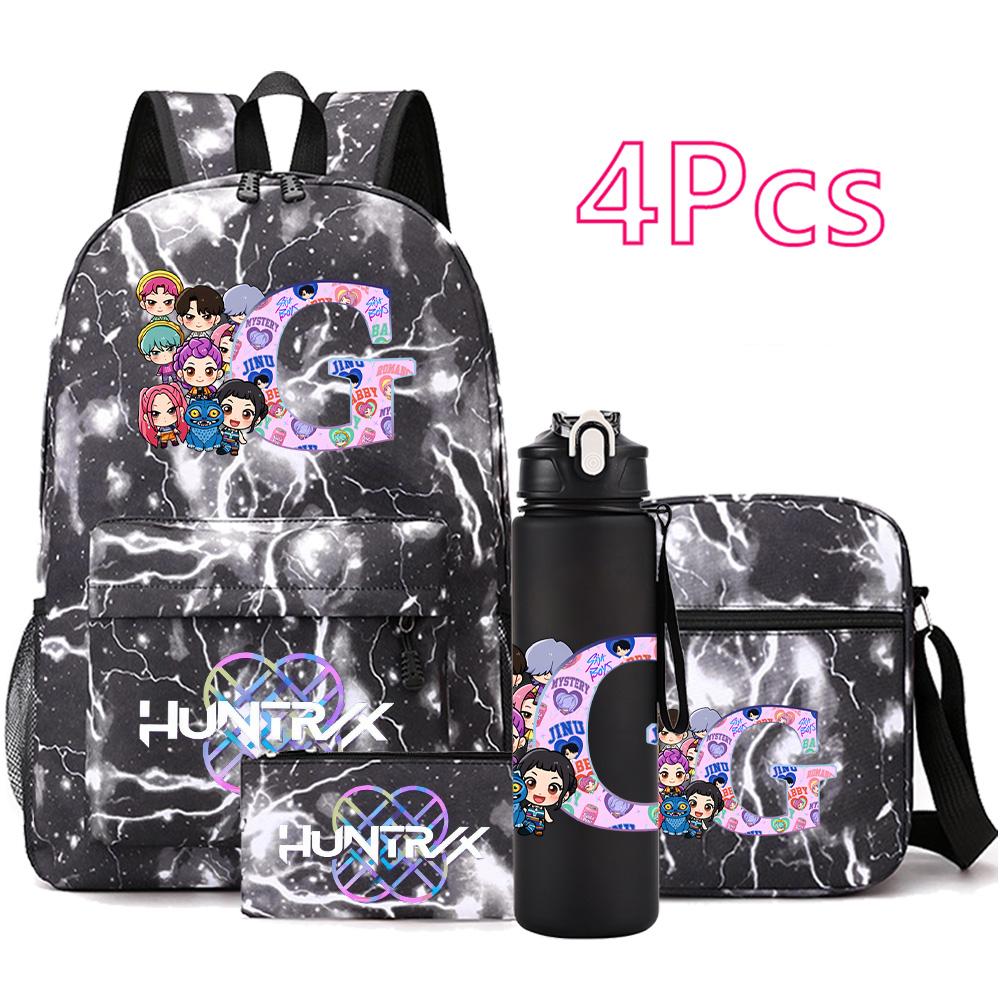 4Pcs/set 26 English Letter KPop Printed Backpack with 750Ml Water Bottler for Teenager Student Girl Boy Bookbag Kid Gift Large Capacity Travel Bag
