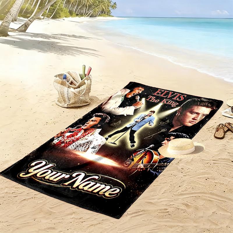 Name Custom Elvis Poster Print Beach Towel, Large Soft Quick Dry Towel for Beach Camping Swimming
