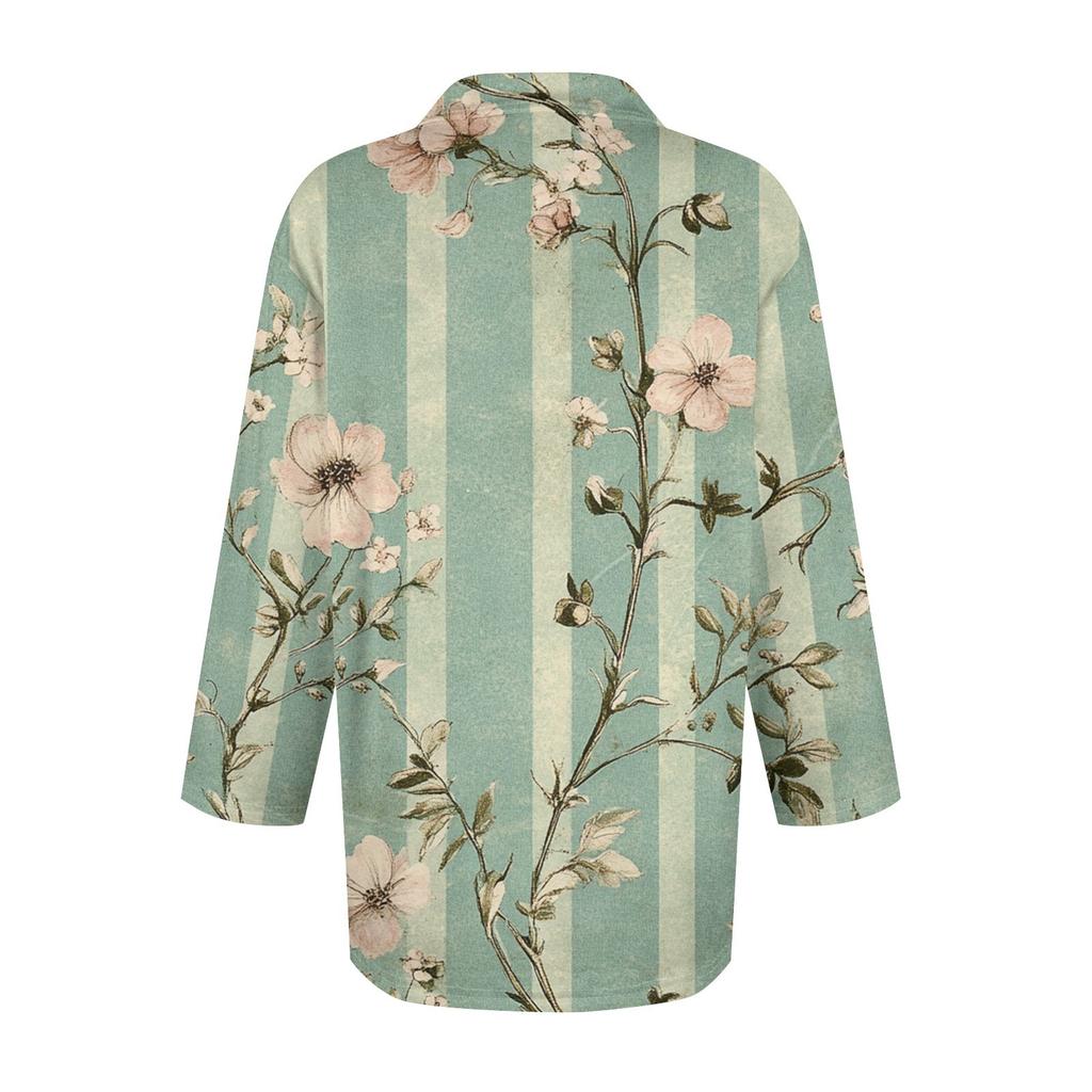 Women's Fashion Casual Button-up Seven-quarter Sleeve Floral Print Lapel Top
