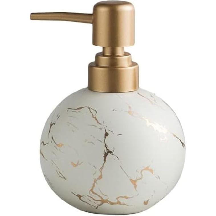 Gold Soap Dispenser for Bathroom or Kitchen, Cute Marble Round Ceramic Lotion Bottle, Rust-Free Pump(White)