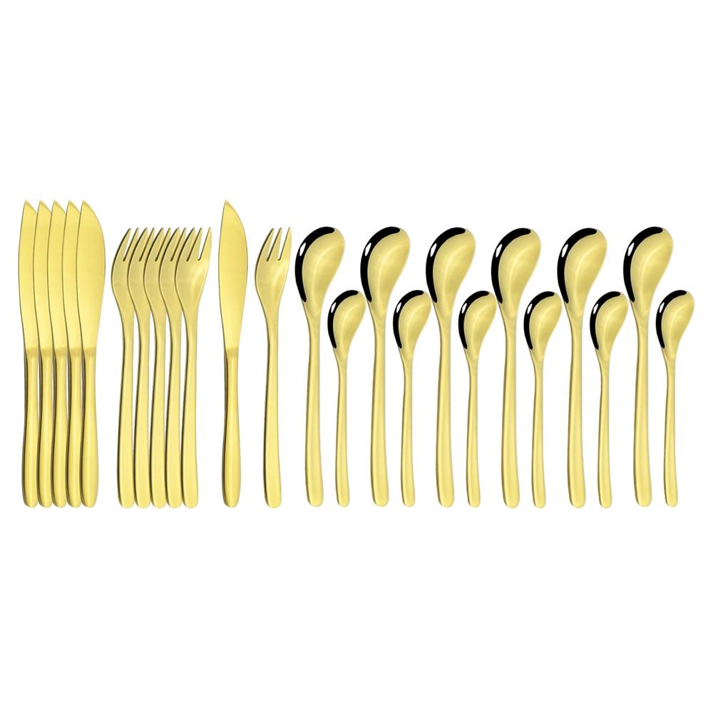 24Pcs Dinner Black Gold 304 Stainless Steel Dinnerware Set Knife Fork Coffee Spoon Kit Cutlery Set Kitchen Tableware Silverware Set