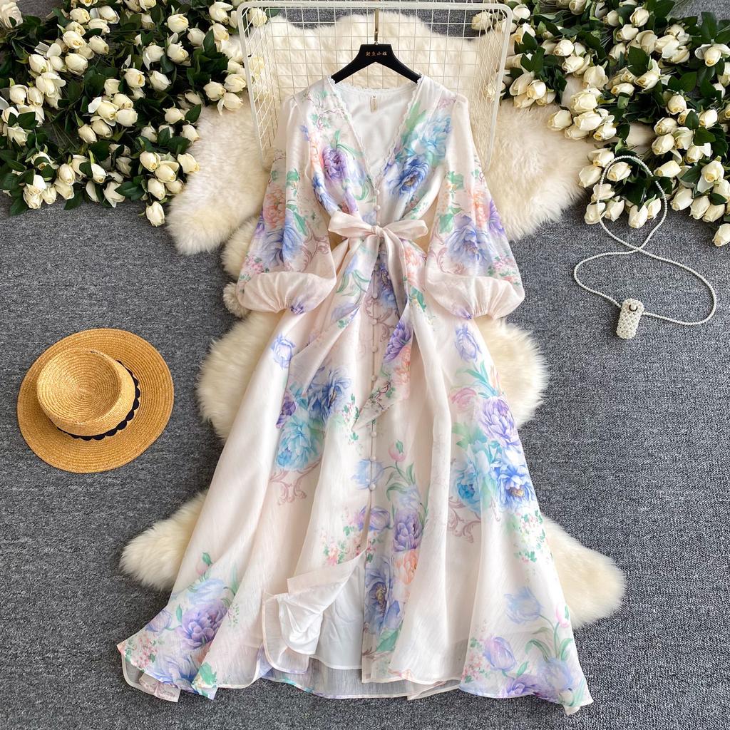 French sweet style print horn sleeve dress women's spring long sleeves waist thin A-shaped long dress commuting elegance