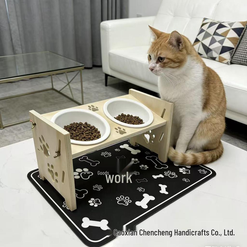 Elevated Wooden Pet Bowl Stand with Mat and Neck Protection for Cats and Small Dogs