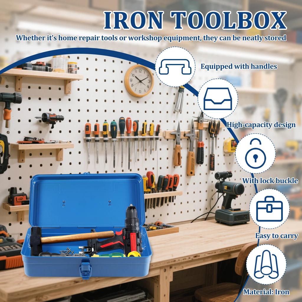 Iron Toolbox Portable Tool Storage Box Metal Buckle and Handle Workshop Multi-purpose Metal Tool Storage Box