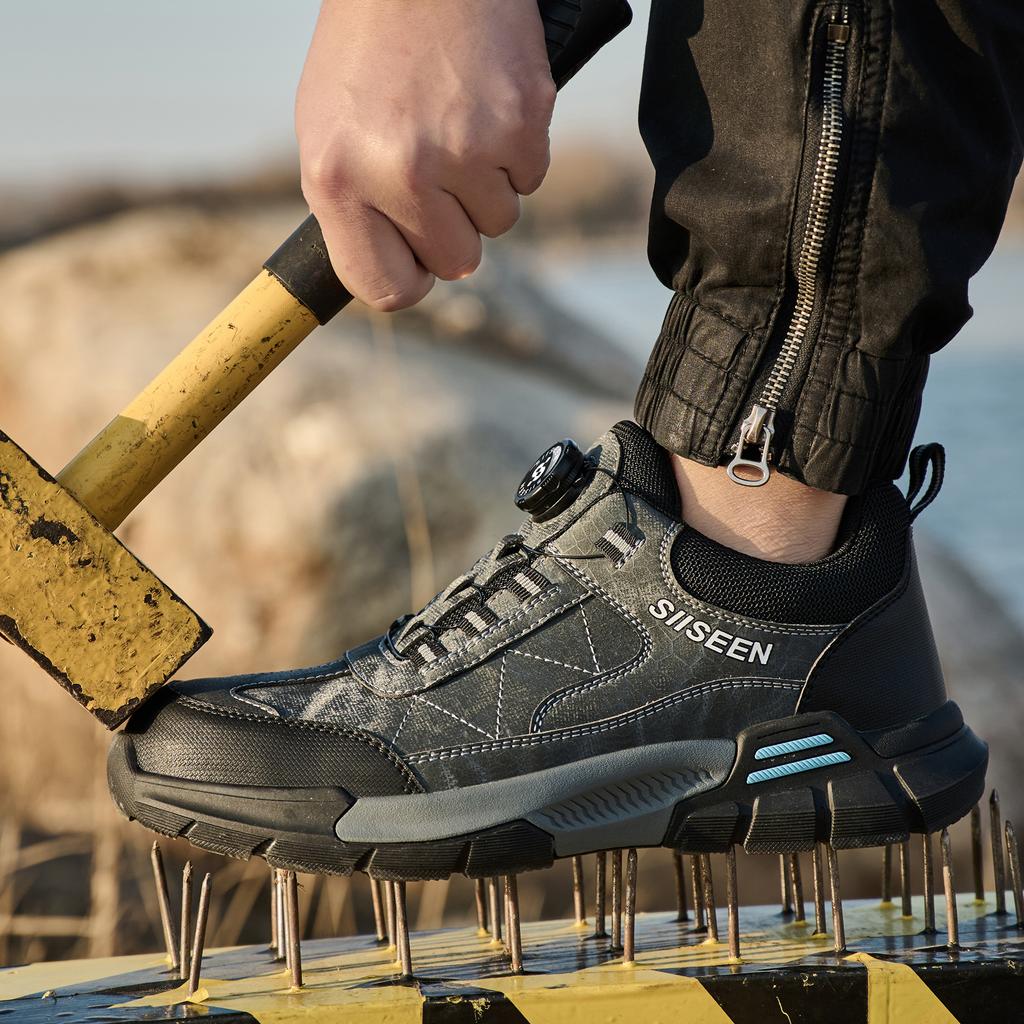 Men's Industrial Safety Shoes Steel Toe Anti-Puncture Kevlar Fashionable Button Detail Anti-Slip Sole Comfort Work Boots