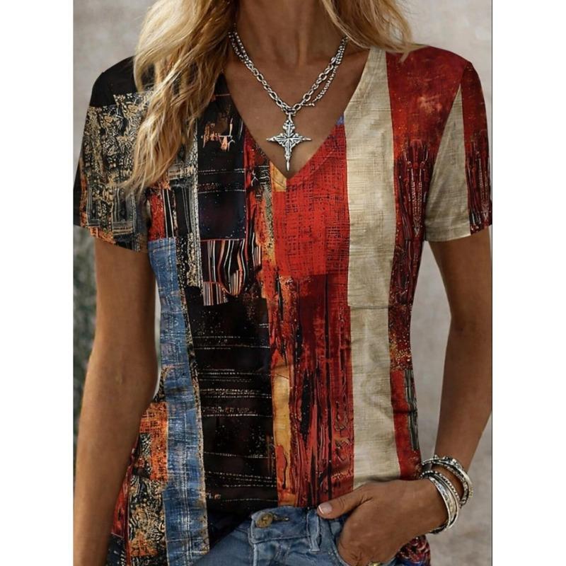 Women's Abstract Striped Print T-Shirt, V-Neck Short Sleeve Long Tops, Spring Summer