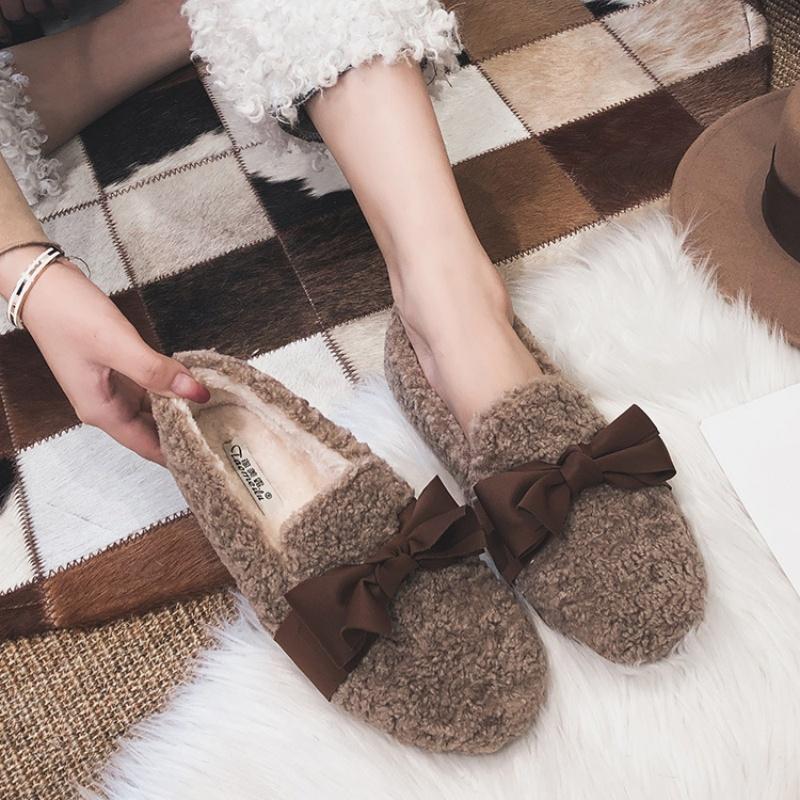Fashion Korean Style Shallow Mouth Female Shoes 2025 Winter Fur Comfortable Loafers Casual Soft Warm Flat Shoes Bow Slip On Women Shoes