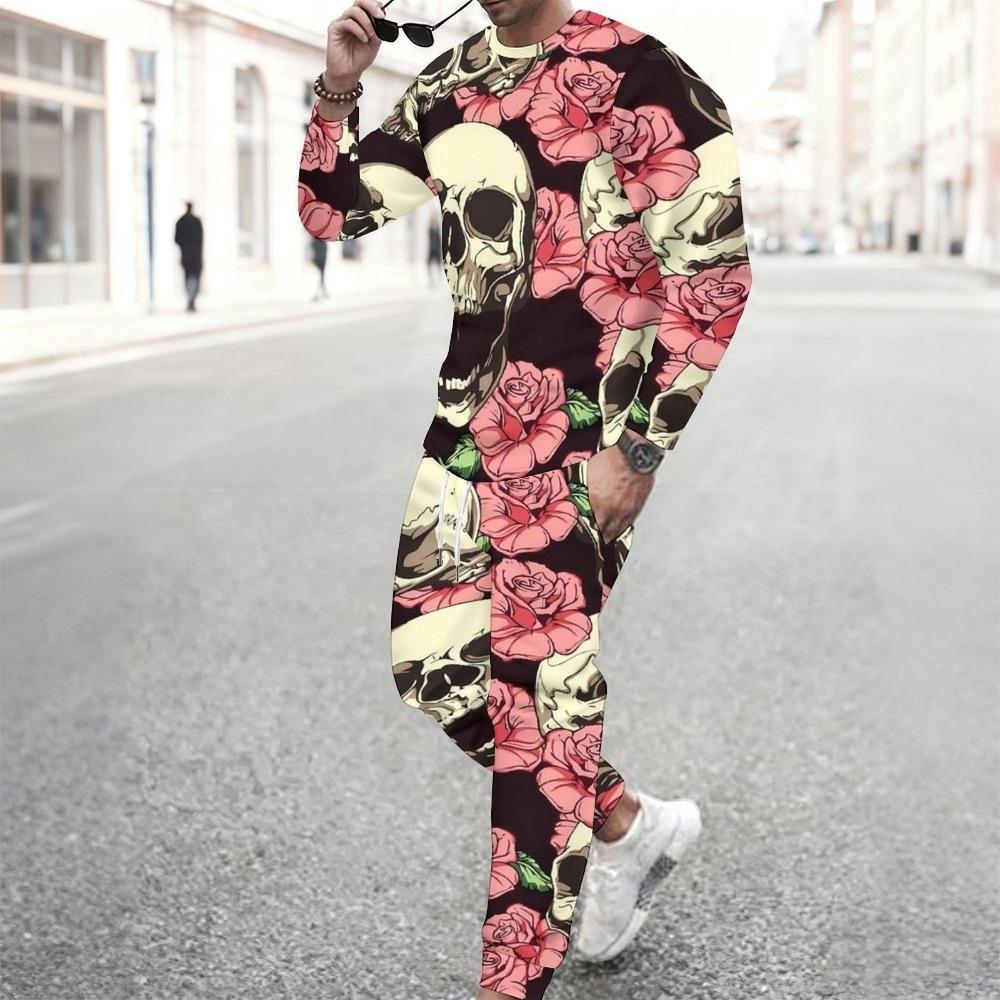 Men Print Two Piece Outfit Crew Neck Sweatshirt Drawstring Jogger Pants Casual Daily Tracksuit Set