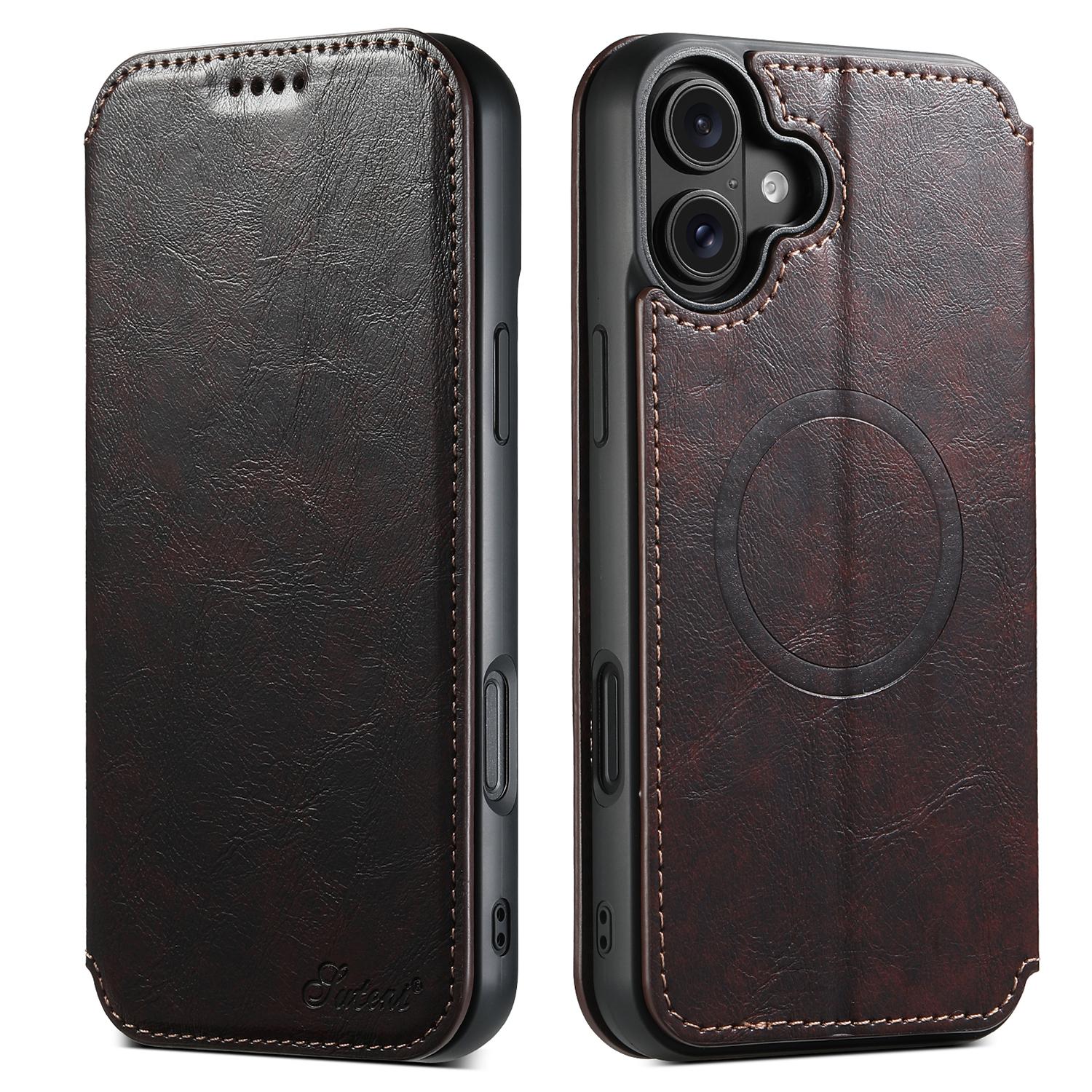 

SUTENI J05 For iPhone 16 Plus Case Compatible with MagSafe Textured PU Leather Flip Phone Cover Brown