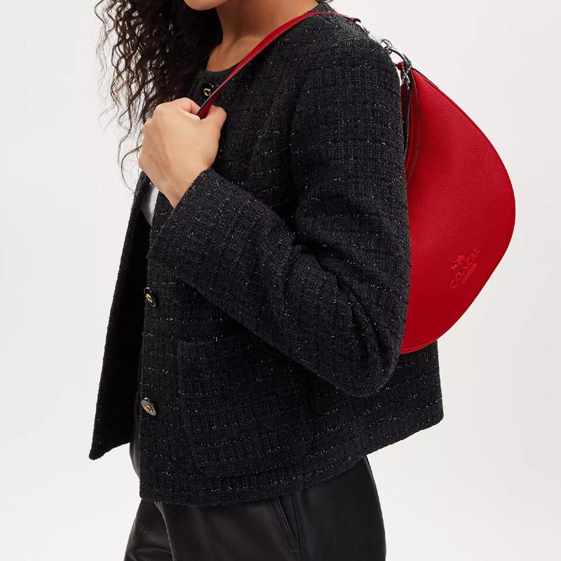 Coach Aria 26 Minimalist Solid Color Brand Logo Zipper Shoulder Bag Women Shoulder Bag Silver Bright-Poppy CP099-SVRCK