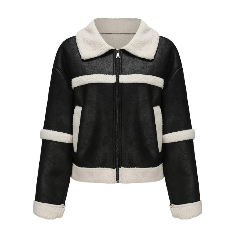 Womens Faux Leather Suede Jacket Winter Warm Lined Casual Windproof Coat Loose Fit