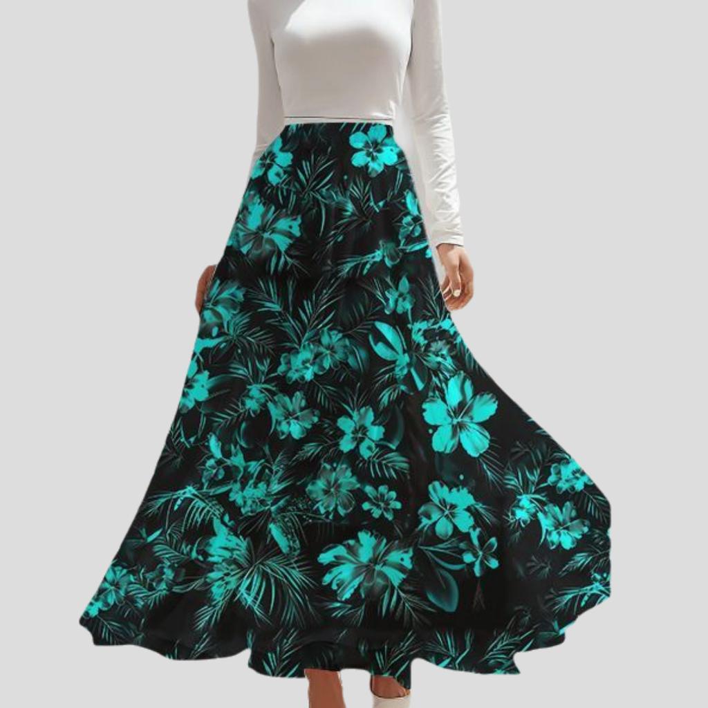 Spring Summer Women's Bohemian Printed Skirt High-Waist A-Line Long Floral Skirt