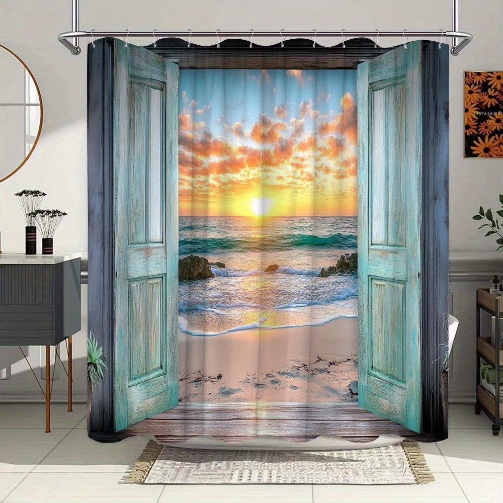 Beach View Shower Curtain - Turquoise Cottage Doors, Sunset Sky, Ocean, Tropical Atmosphere, Polyester Fabric W90xH180cm
