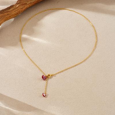 18K Gold Plated Dainty Chain Necklace with Red Heart CZ Tassel, Adjustable Sparkling Heart Pendant Choker, Elegant Jewelry for Women Daily Wear Gift