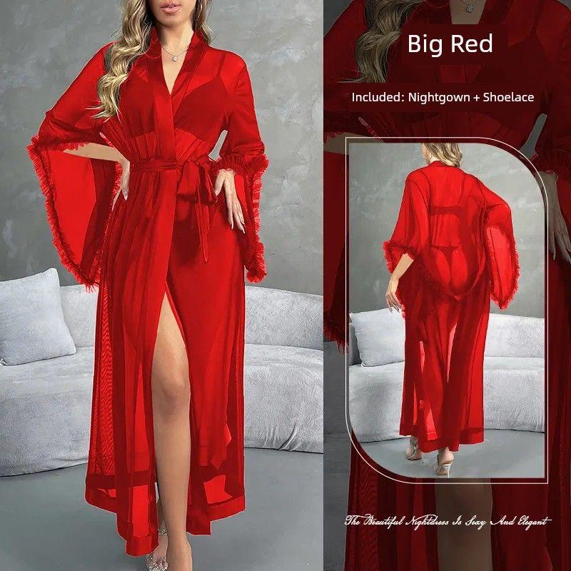 

2025 New Arrival Fashion Wind Thin Cool Feeling Summer Robe/Mesh Deep V Perspective Sexy Sleepwear/Transparent Bathrobe Red L