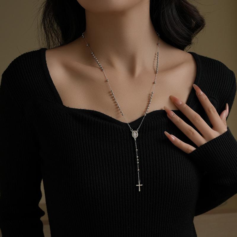 3/4/6Mm Round Bead Necklace Titanium Steel Virgin Mary Cross Stainless Steel Buddhist Beads Necklace Light Luxury Jewelry