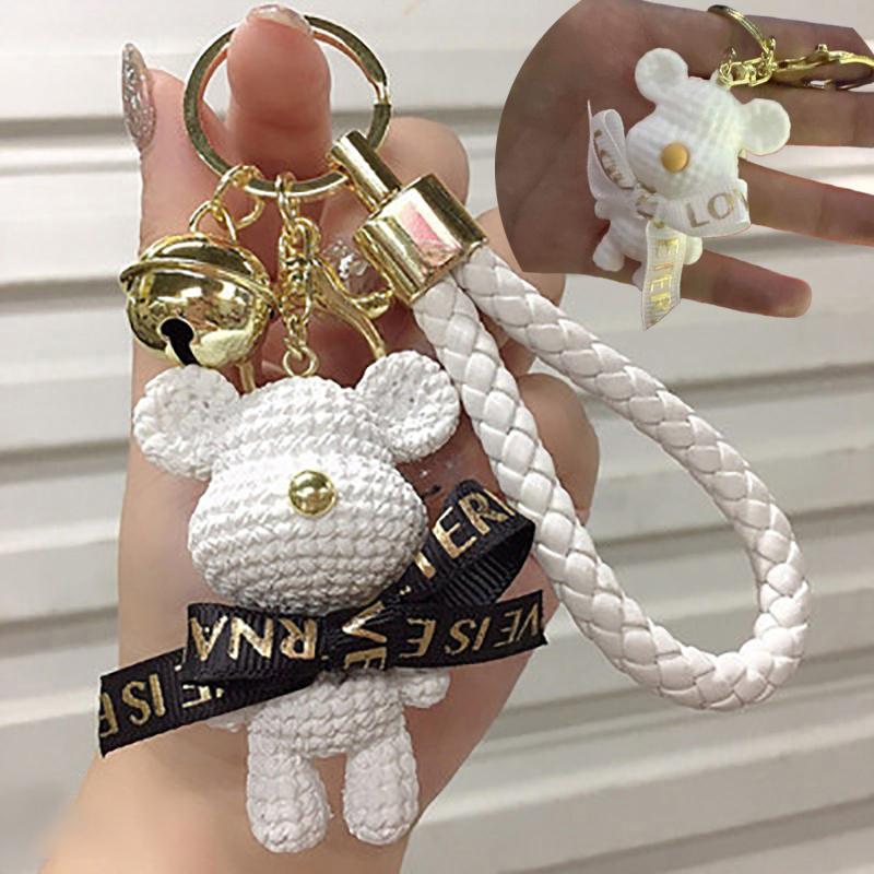 Chaveiro de coelho com laço de urso de lã de resina fofa, chaveiro de carro para festas, presente criativo para meninas, bolsa de boneca de tecelagem, pingente