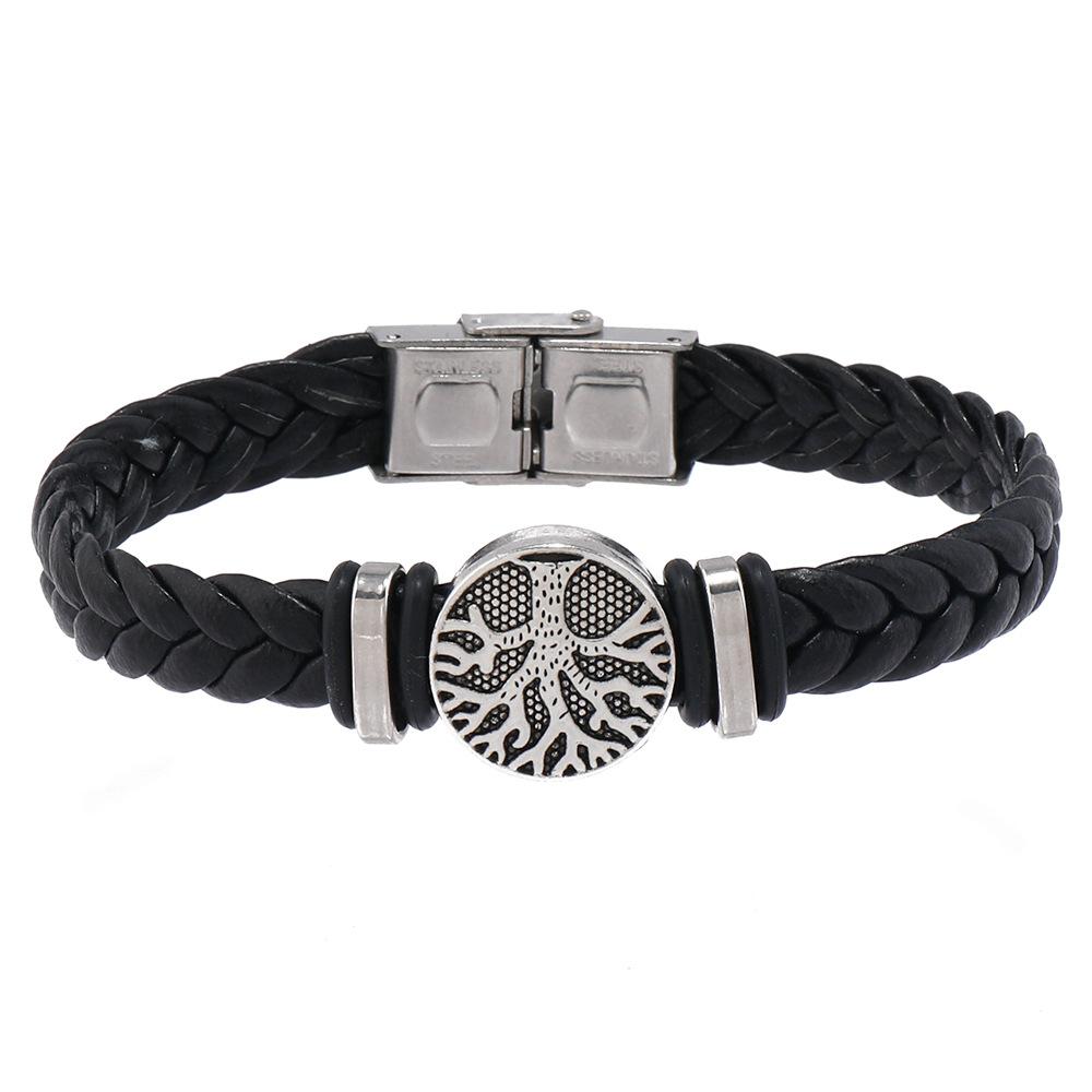 Men s Iron Leather Bangle with Peace Tree Personalized Religious Life Tree Gift чёрный
