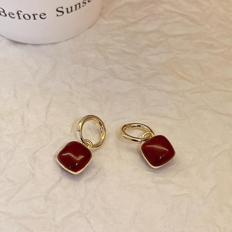 Silver Needle Red Geometric Stud Earrings - Korean Style Fashion Design for Women, High-End Exquisite Ear Jewelry