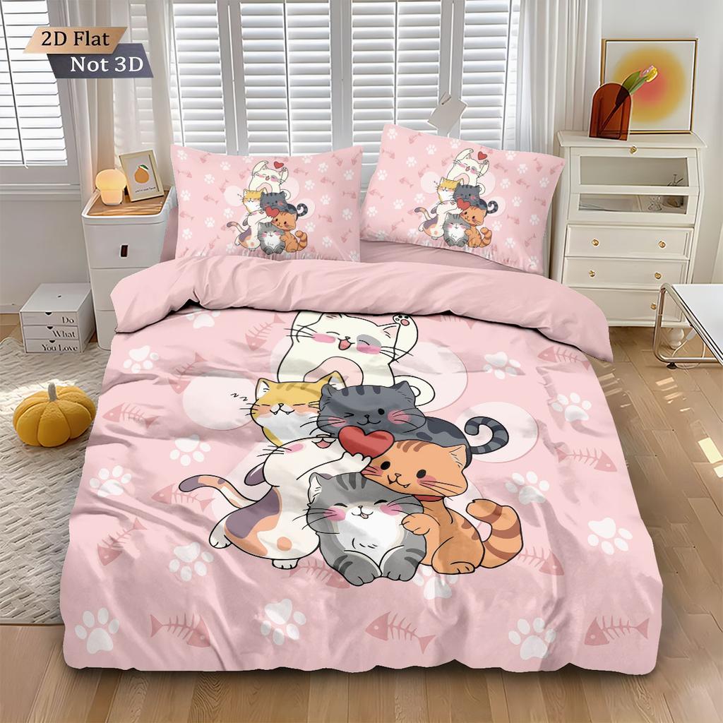 3er Set Niedliche Cartoon-Katzen-Bedruckte Spanndeckenbezug-Sets, Mehrgrößen Schlafzimmer Bettwäsche Dekoration, Bequem Maschinenwaschbar