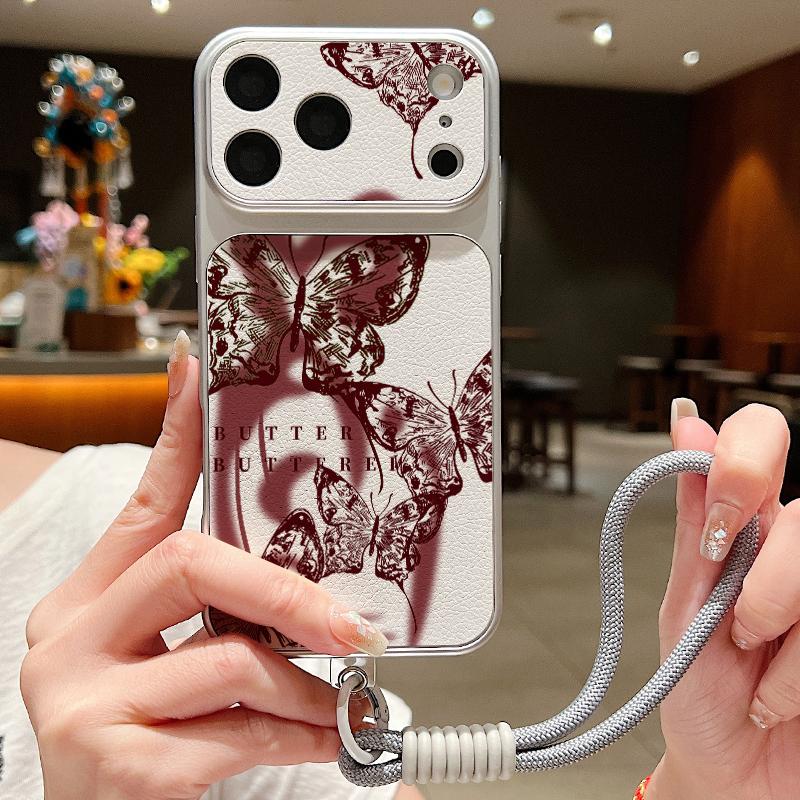 Colorful Butterfly Pattern Leather Lanyard Case For iPhone 18 Pro Max 17 16 15 14 13 Pro Max Luxury Hybrid TPU+PU Anti-skid Soft Phone Cover