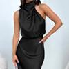Stand Collar Halter Sleeveless Waist Tight Women Dress Smooth Satin Loose Hem Midi Evening Dress