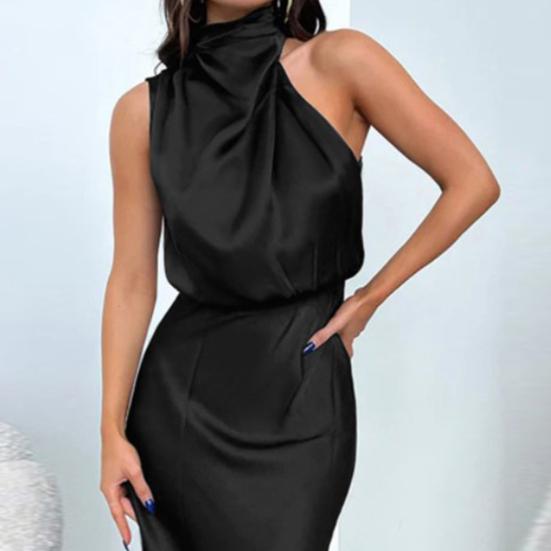 Stand Collar Halter Sleeveless Waist Tight Women Dress Smooth Satin Loose Hem Midi Evening Dress