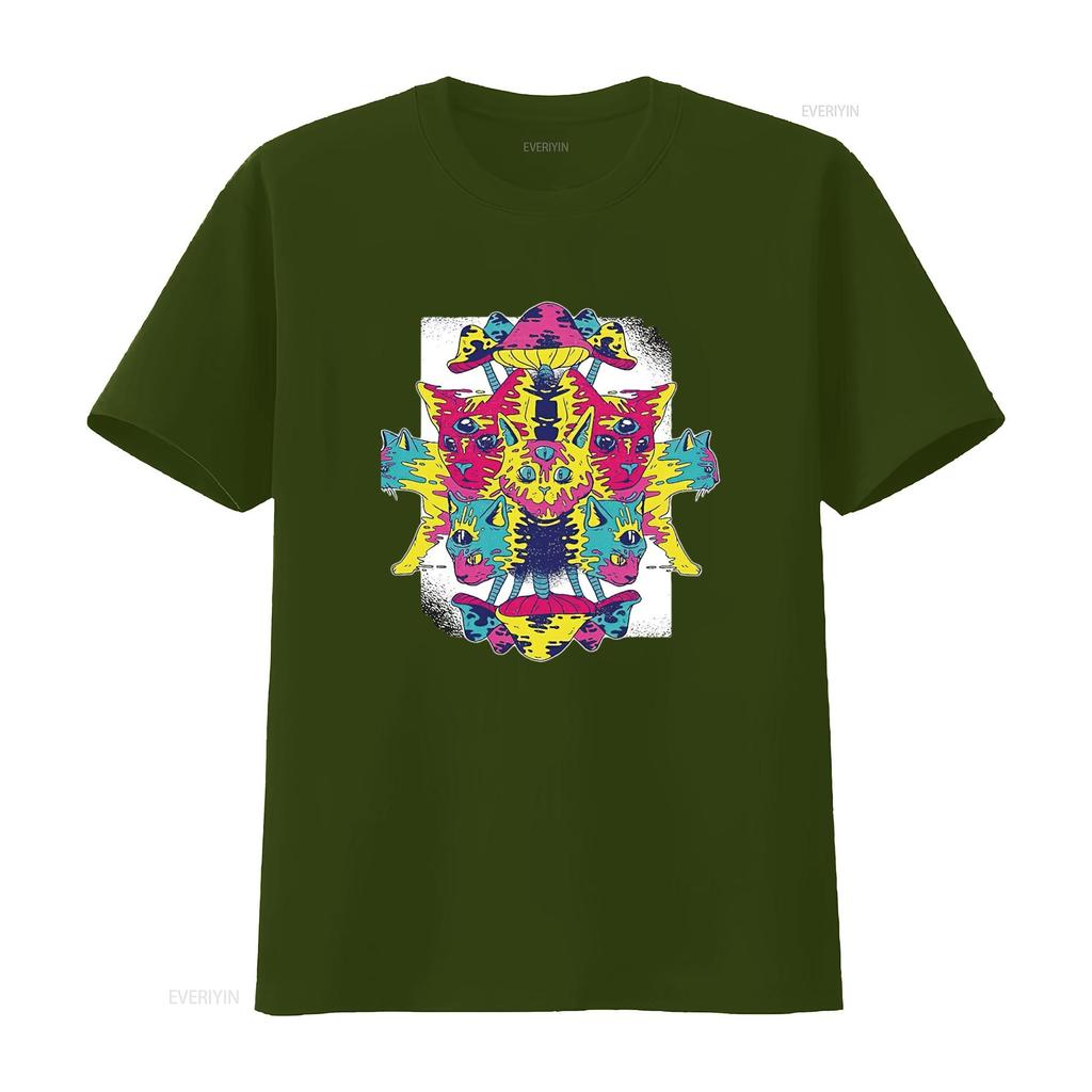 Herren Ideen für Katzenliebhaber Psychedelische Kätzchen und Pilze Design Schwarz Mehrfarbig T-Shirt vintage Gewaschen Dehnbar Stilvoll