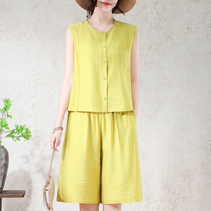 Ensemble 2 pièces pour femme grande taille en mélange de lin, Haut sans manches à boutons et Short large (XL-7XL)