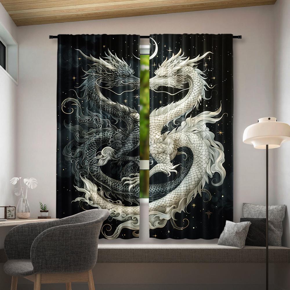 Set Of 2 Tai Chi Dragon Print Curtain Home Decor Window Bedroom Office Kitchen Living Room Study Curtains Made Polyester Treatment