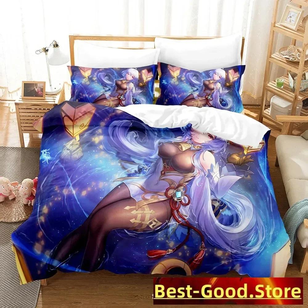 Genshin Impact Bedding Set Purple Keqing Printed Bed Set With Pillowcase Duvet Cover Soft Single Double Queen Super King Size