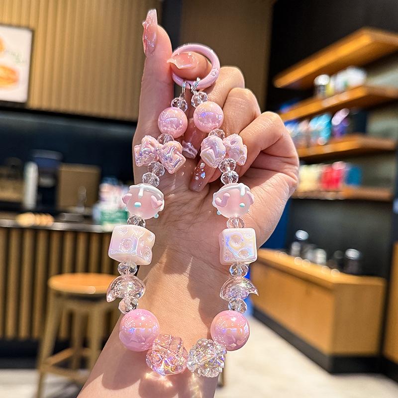 New Bowknot Cheese Beaded Phone Chain Cute Handheld Decoration For Girls Car Keychain Bag Pendant Small Gift