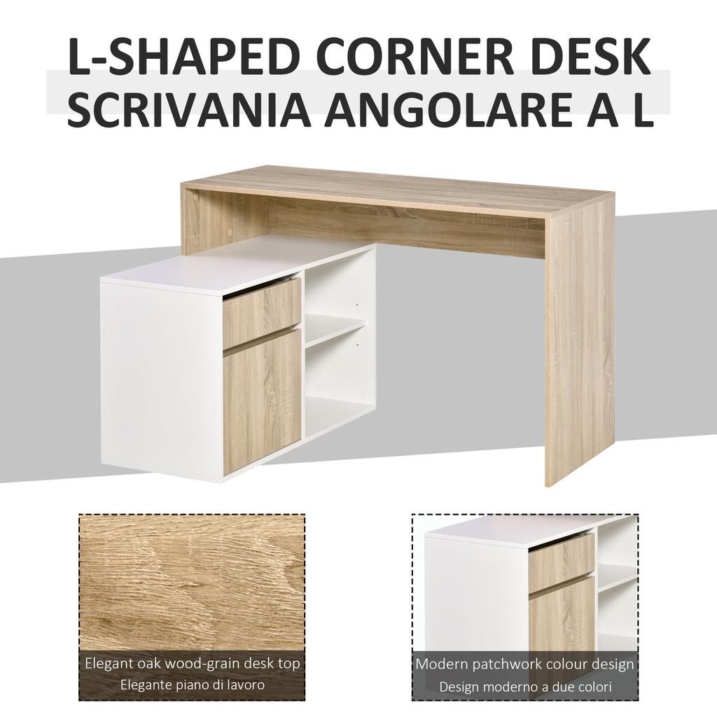 L-förmiger Schreibtisch, Eck-Computertisch mit Schublade, verstellbarem Regal, Schrank für Homeoffice und Arbeitszimmer, 120 x 92 x 75 cm, Eiche und Weiß