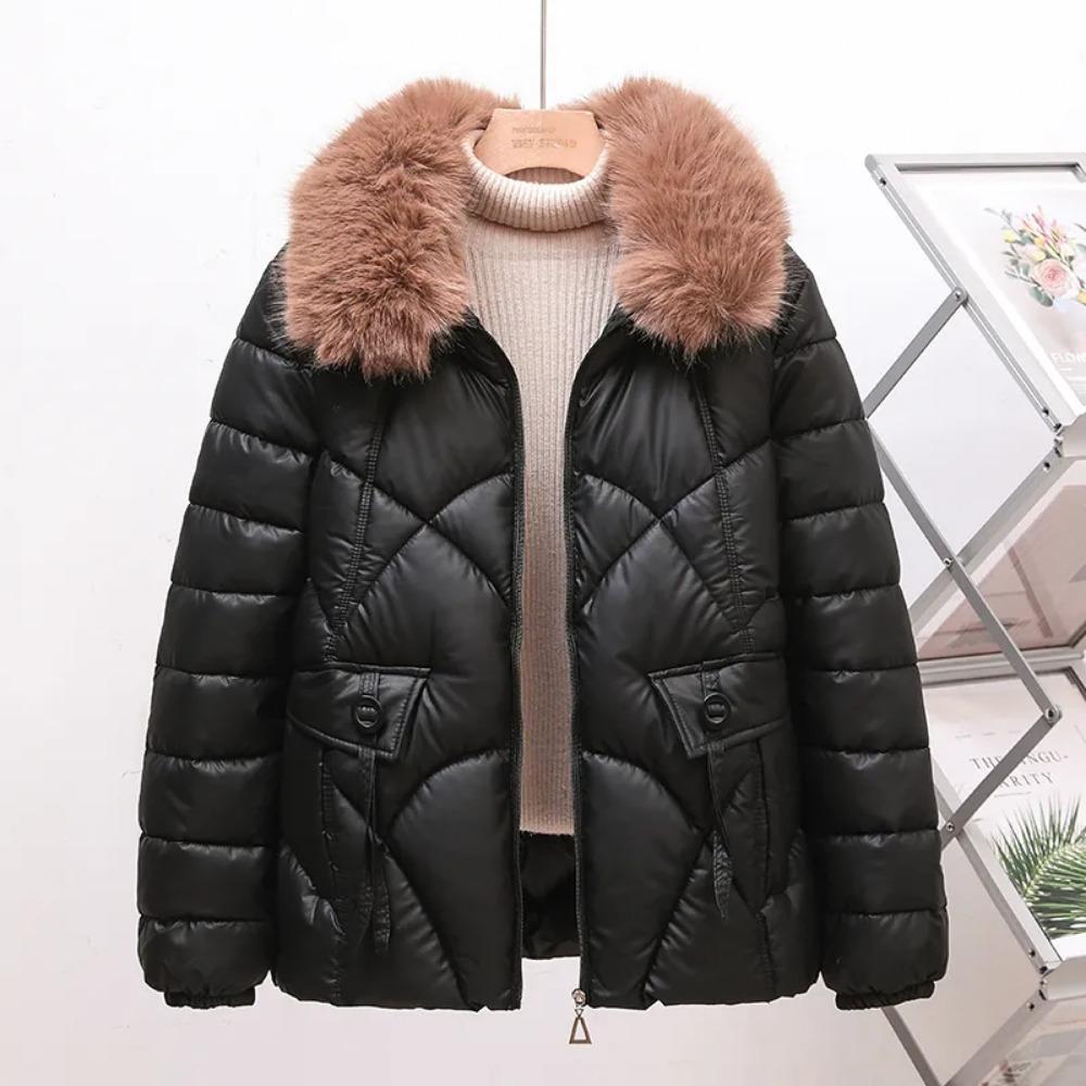 

Женская короткая куртка с пуховым наполнителем для зимы - Утепленная, теплая с меховым воротником L чёрный