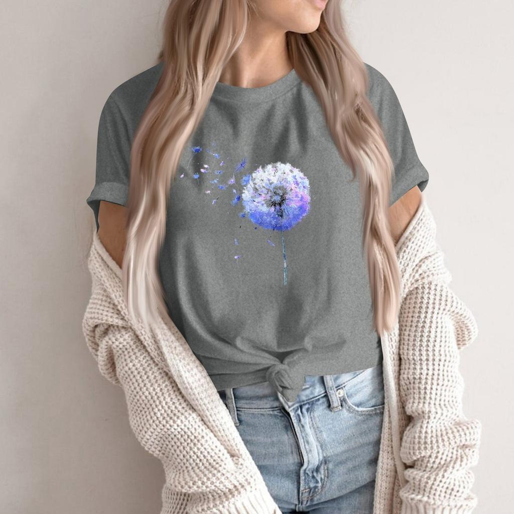 Women's Fashion Casual Printed Round Neck Short Sleeved Pullover T-Shirt Top